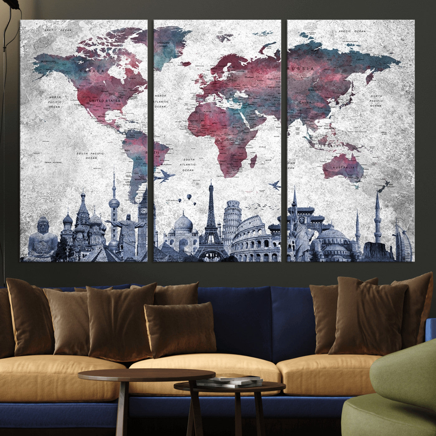 42515-MGV-CV-36X24-World Map Canvas Wall Art with Famous Landmarks – Framed Travel Map Print for Home and Office Decor, Perfect Gift for Travel Lovers