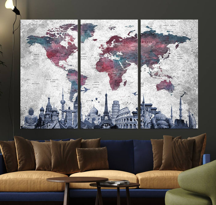 The dining room features a Blue Multipanel World Map Wall Art Canvas Print that adorns the wall, highlighting its neutral decor.