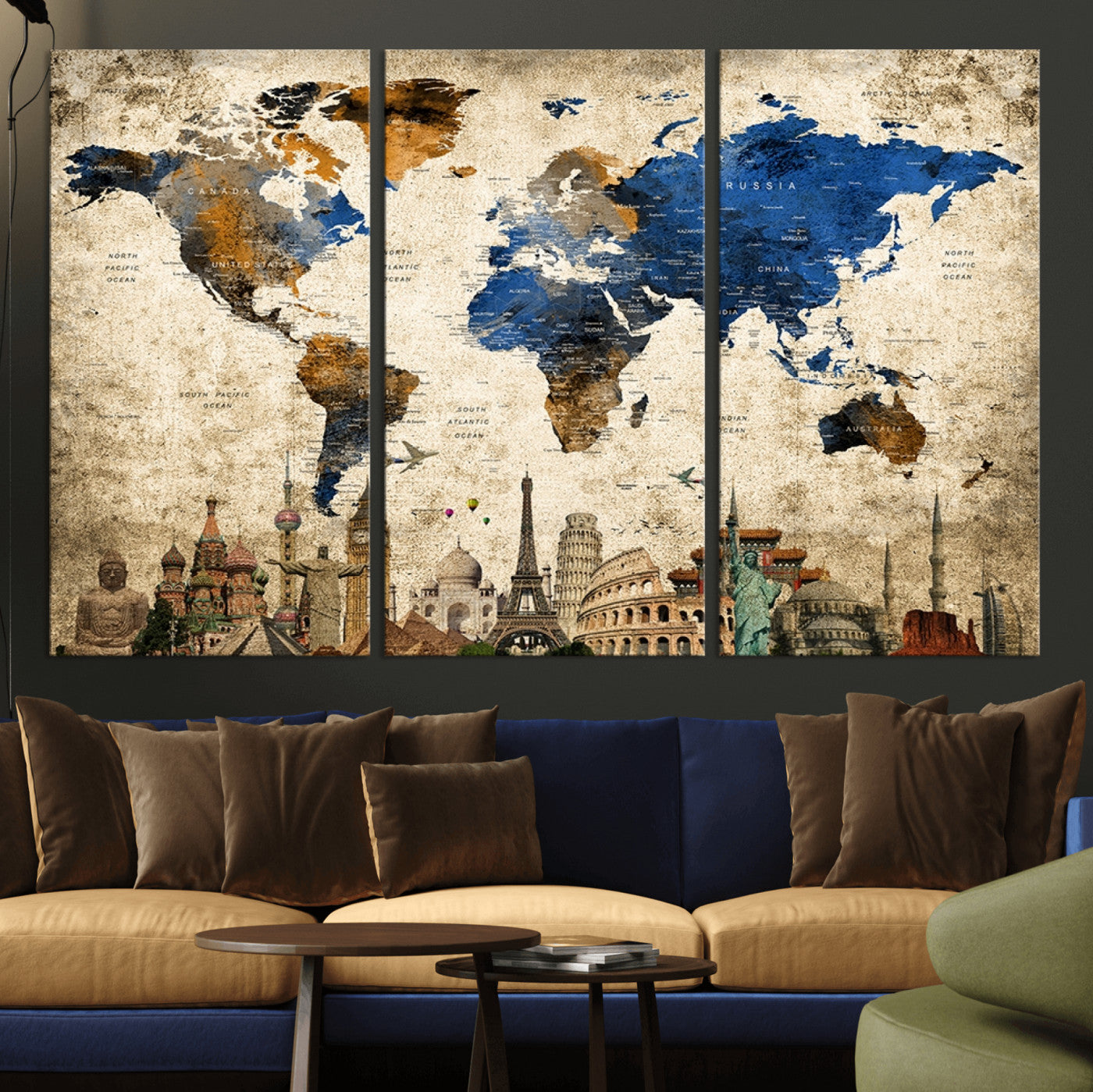 20261-MGV-CV-36X24-World Map Canvas Print – Vintage Blue and Gold World Map Wall Art, Framed Travel Inspired Decor for Living Room or Office