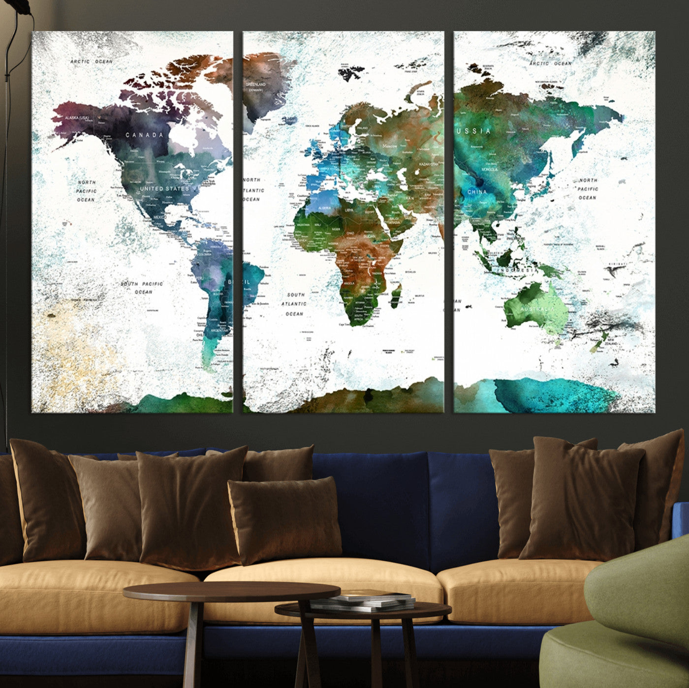 13140-MGV-CV-36X24-Modern Watercolor World Map Canvas Wall Art – Framed Abstract Map Print, Contemporary Travel Artwork for Elegant Home and Office Decor