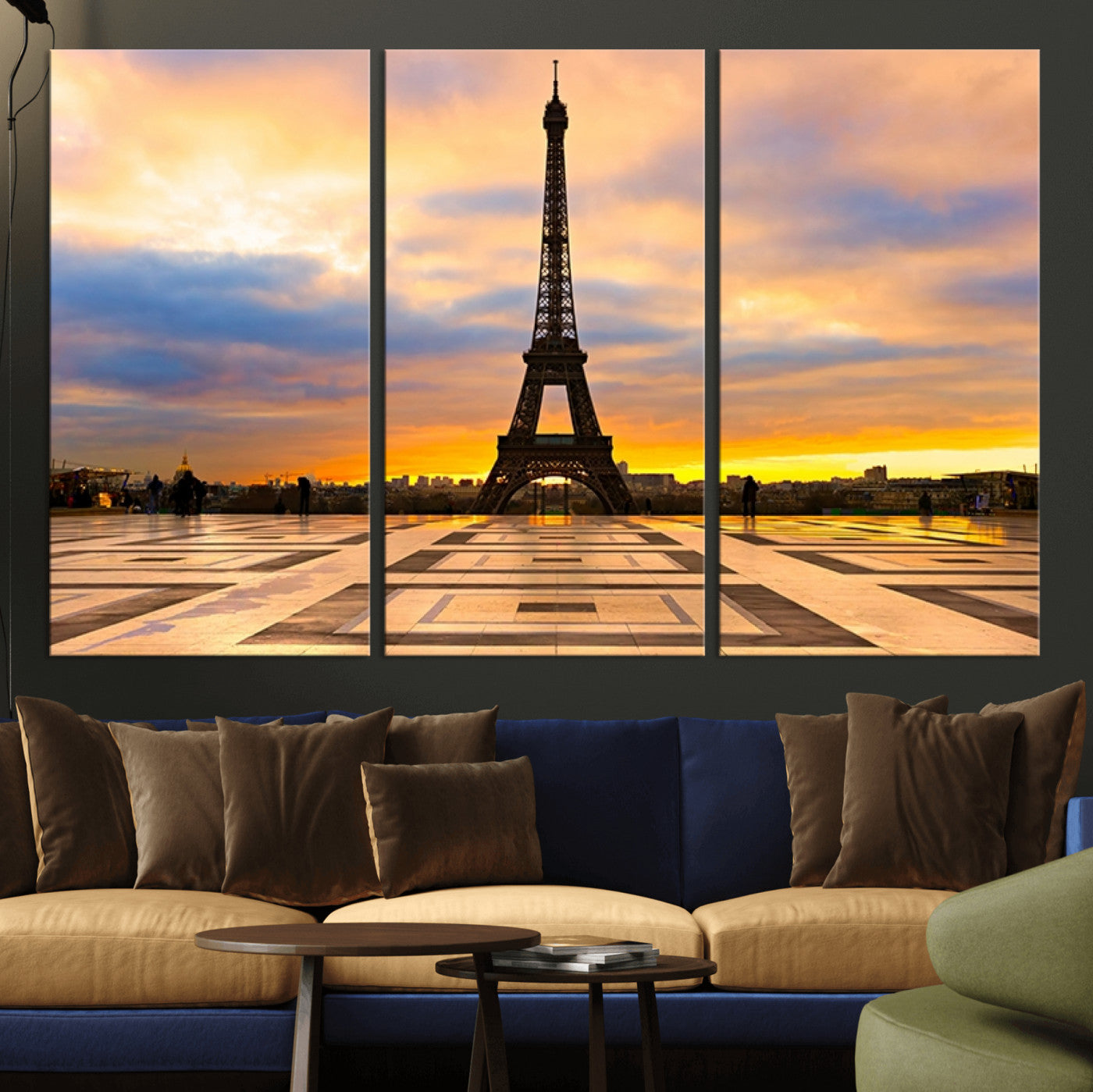 MGV-CV-48X32-3P - Paris Eiffel Tower Sunset Canvas Wall Art Print - Iconic Landmark Decor with Vibrant Colors