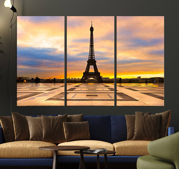 The "Paris Eiffel Tower Wall Art Canvas Prints" graces a wooden wall reminiscent of abstract expressionism.