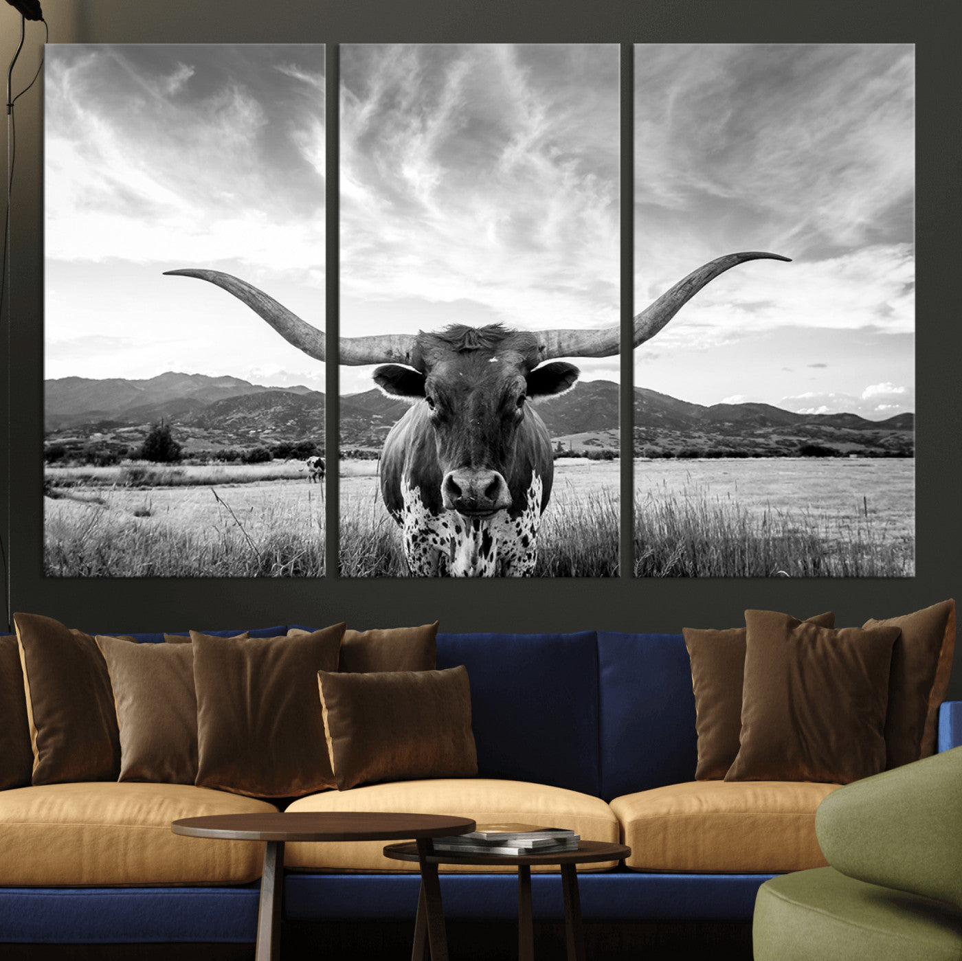 MGV-CV-48X32-3P - Longhorn Cow Wall Art Canvas Print Farmhouse Wall Art - Texas Longhorn Wall Art Print