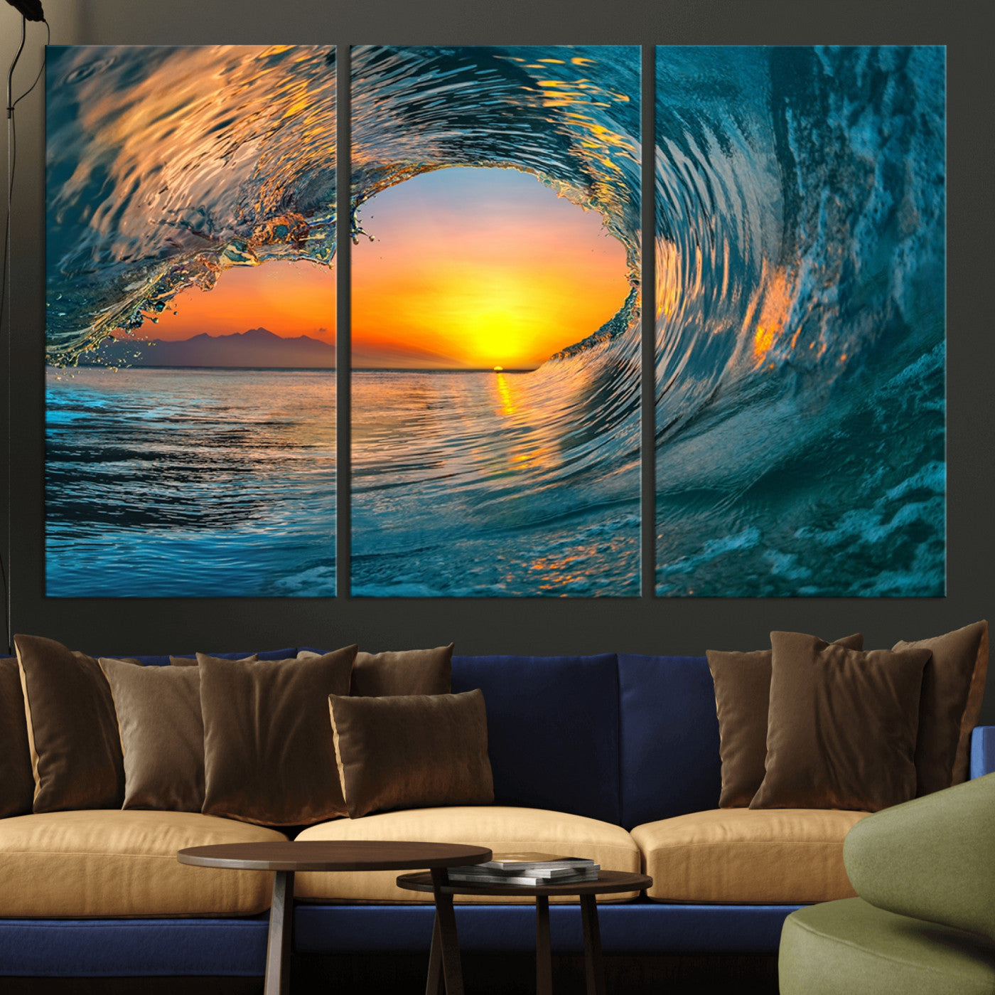 MGV-CV-48X32-3P - Ocean Wave Sunset Wall Art | Large Coastal Wave Canvas Print | 3-Panel Ocean Sunset Seascape for