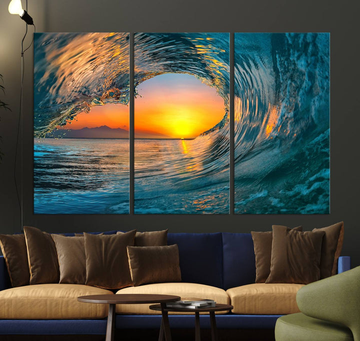 The Ocean Wave Sunset Wall Art canvas print features a vibrant ocean wave at sunset, forming a tunnel with silhouetted mountains.