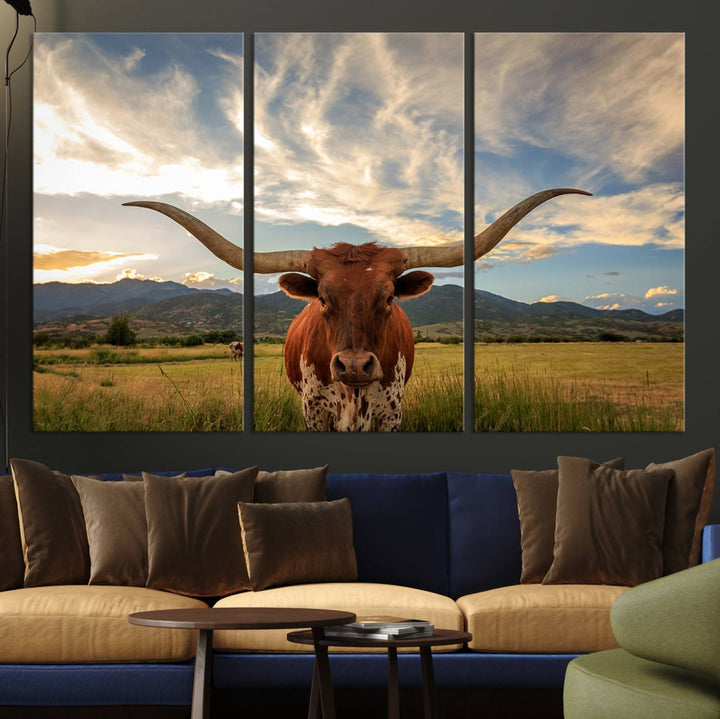 Texas Longhorn Canvas Wall Art – Majestic Triptych Animal Print – Rustic Western Decor for Living Room or Office – Ready to Hang