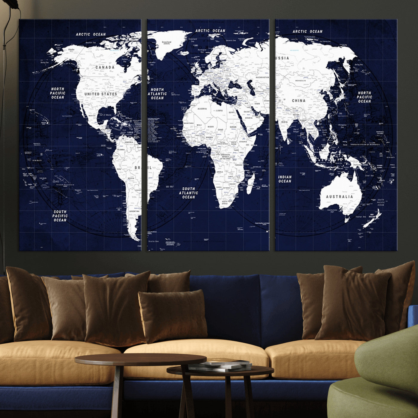 90649-MGV-CV-36X24-Navy Blue World Map Canvas Print – Modern Push Pin Travel Map Wall Art, Framed Contemporary Decor for Home or Office