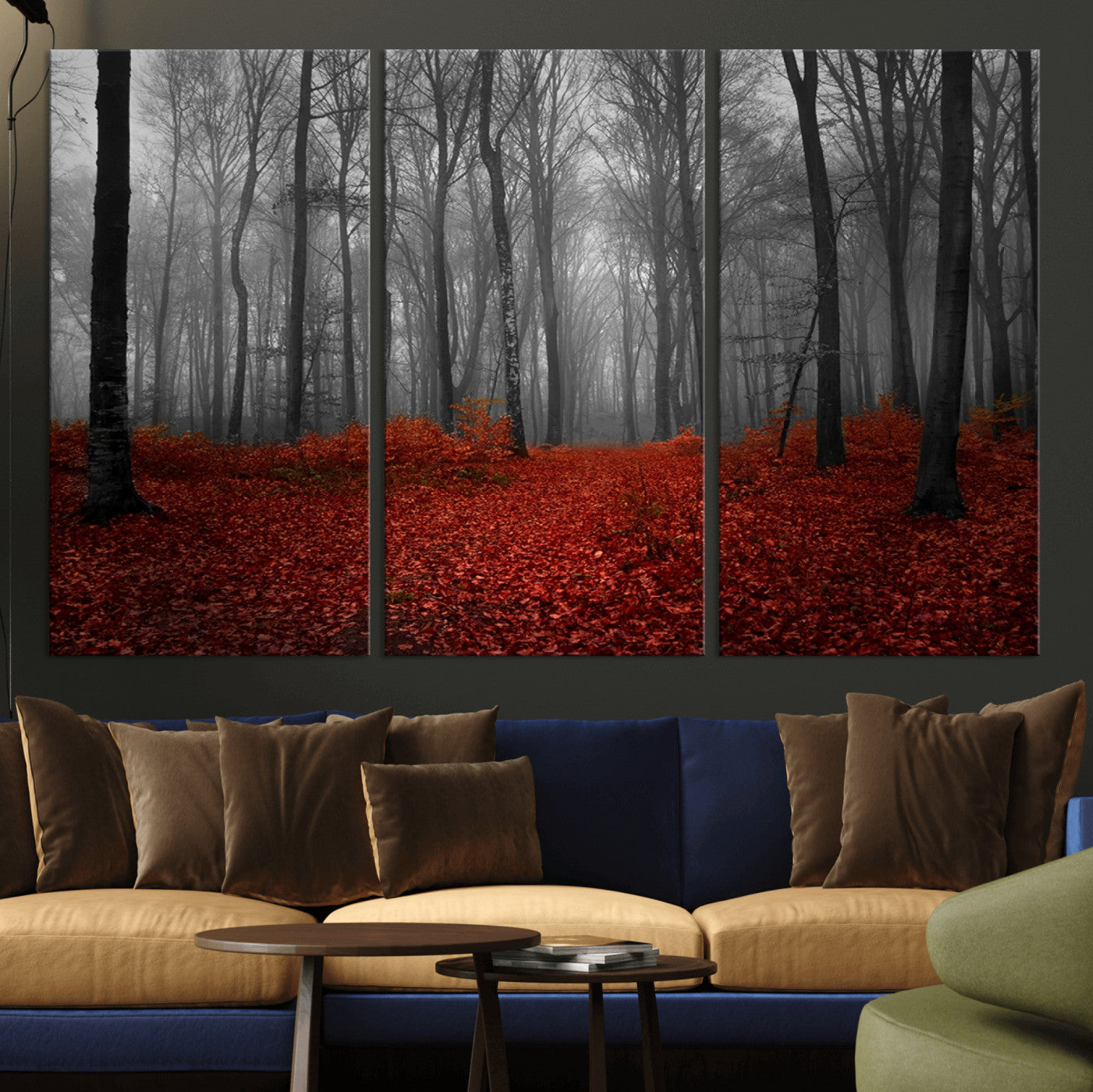 38804-MGV-CV-36X24-Red Forest Floor Canvas Wall Art – Mystical Foggy Woodland Triptych – Nature-Inspired Decor for
