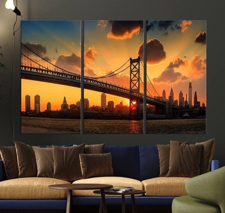 The Philadelphia Ben Franklin Bridge Wall Art Canvas Print radiates charm, embodying the beauty of premium canvas. This handmade-in-the-USA artwork captures attention with its distinct presence.