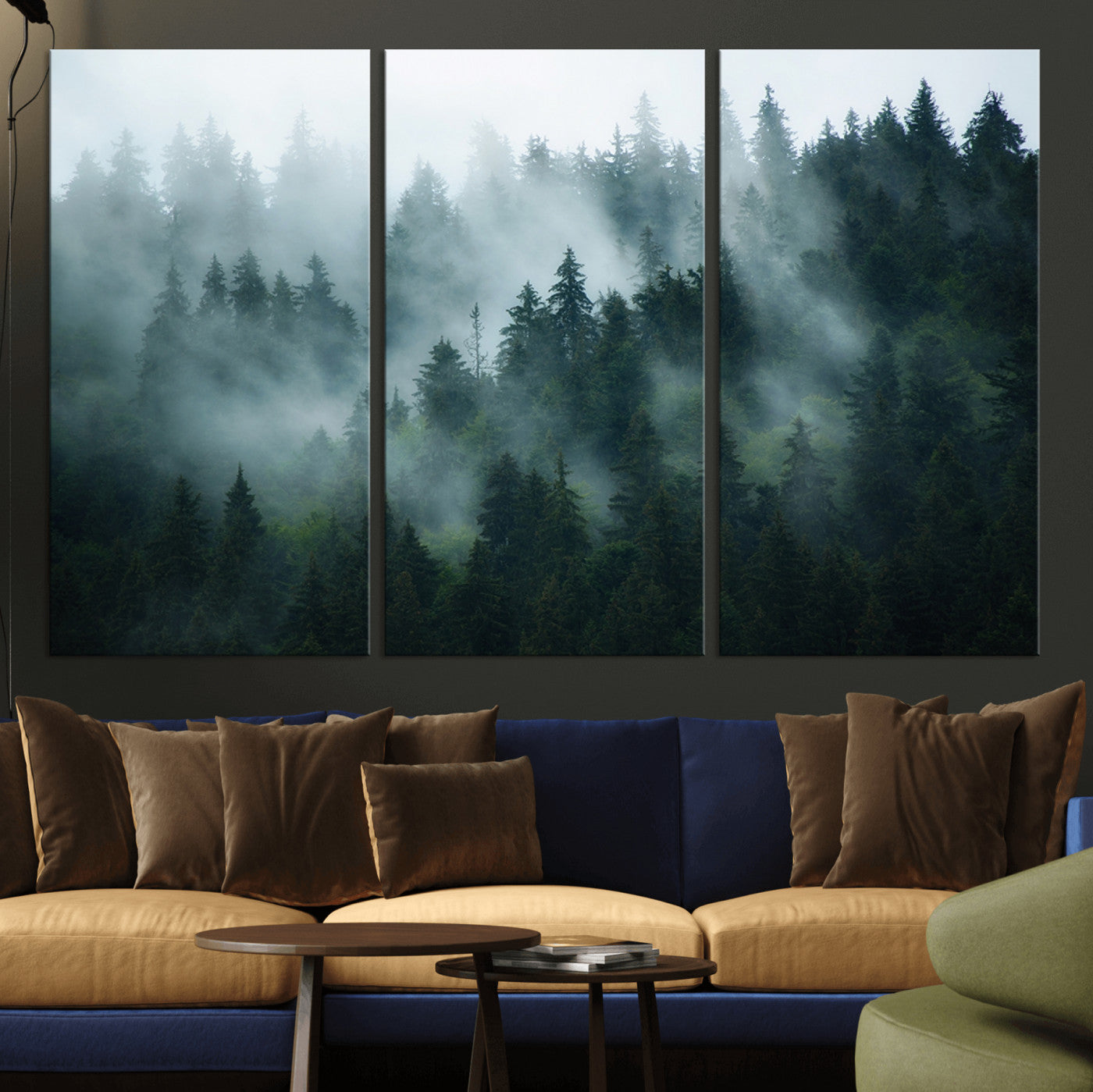MGV-CV-48X32-3P - Foggy Forest 3-Panel Canvas Wall Art | Large Giclée Nature Scene Print for Living Room, Office, or