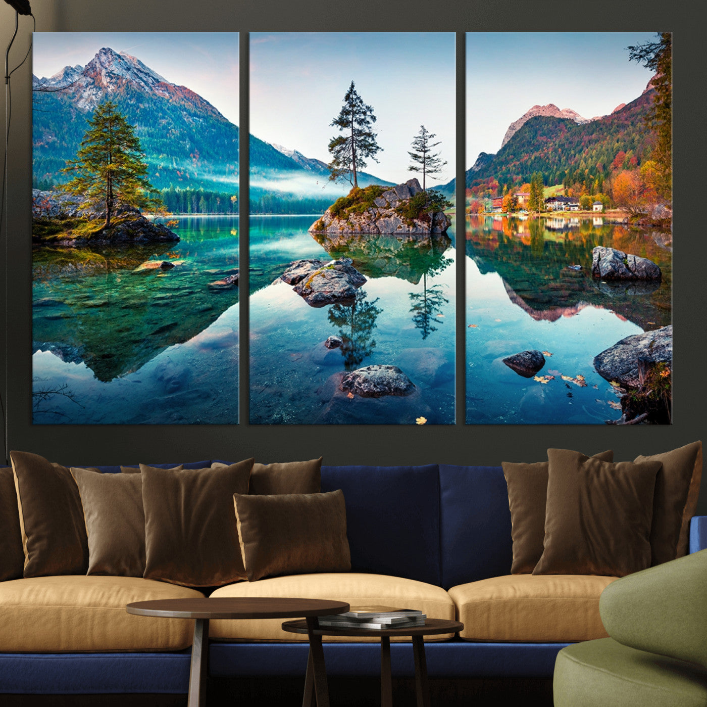 MGV-CV-48X32-3P - Crystal Clear Lake Wall Art | Mountains Wall Art Canvas | 3 Panel Large Landscape Print for Dining