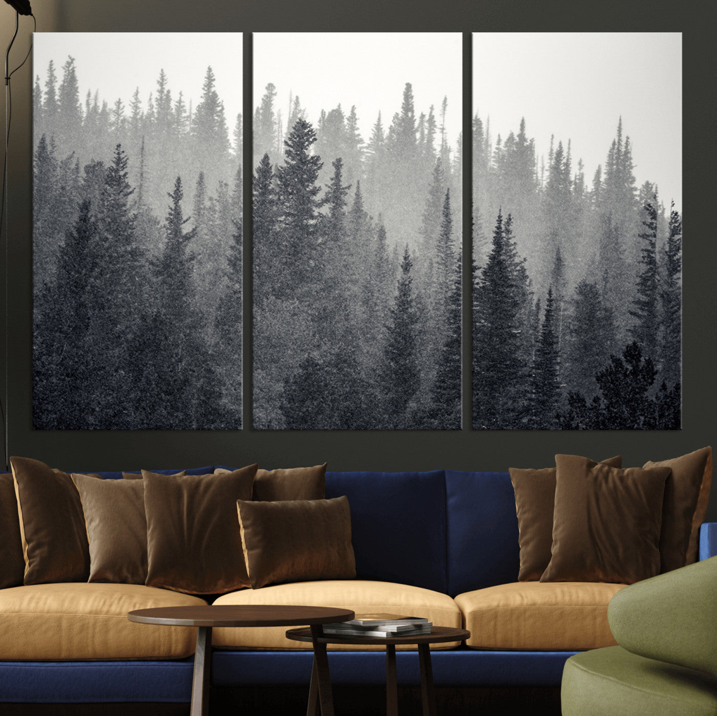 92450-MGV-CV-36X24-Misty Forest Canvas Wall Art – Monochrome Triptych Pine Tree Print – Nature-Inspired Home Decor –