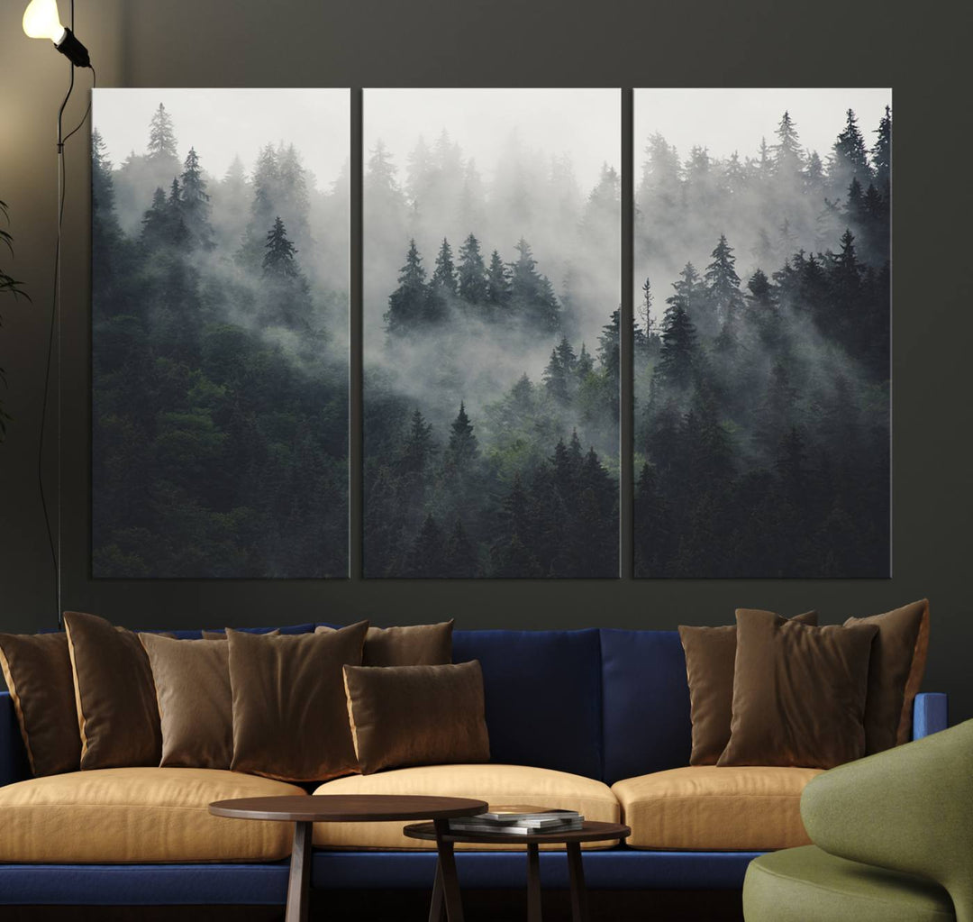 The Serene Triptych Print features tall evergreens, creating a mysterious and calming atmosphere.