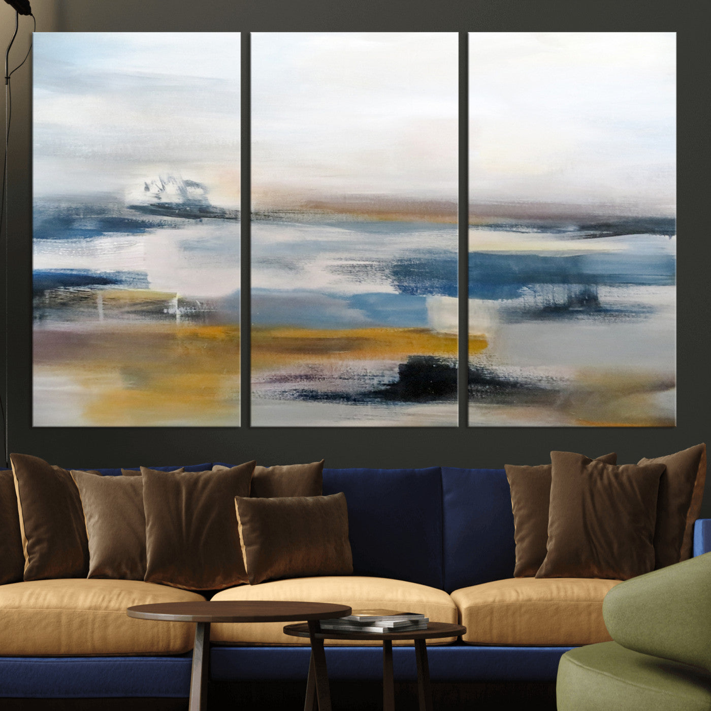 95919-MGV-CV-36X24-Abstract Landscape Wall Art Canvas | 3 Panel Modern Blue, Gold, and White Canvas Art for Living