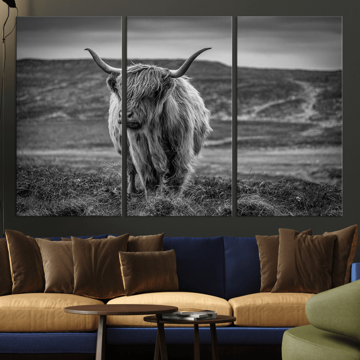 42995-MGV-CV-36X24-Fluffy Cattle Wall Art Print, Highland Cow Canvas, Framed Black and white Wall Art