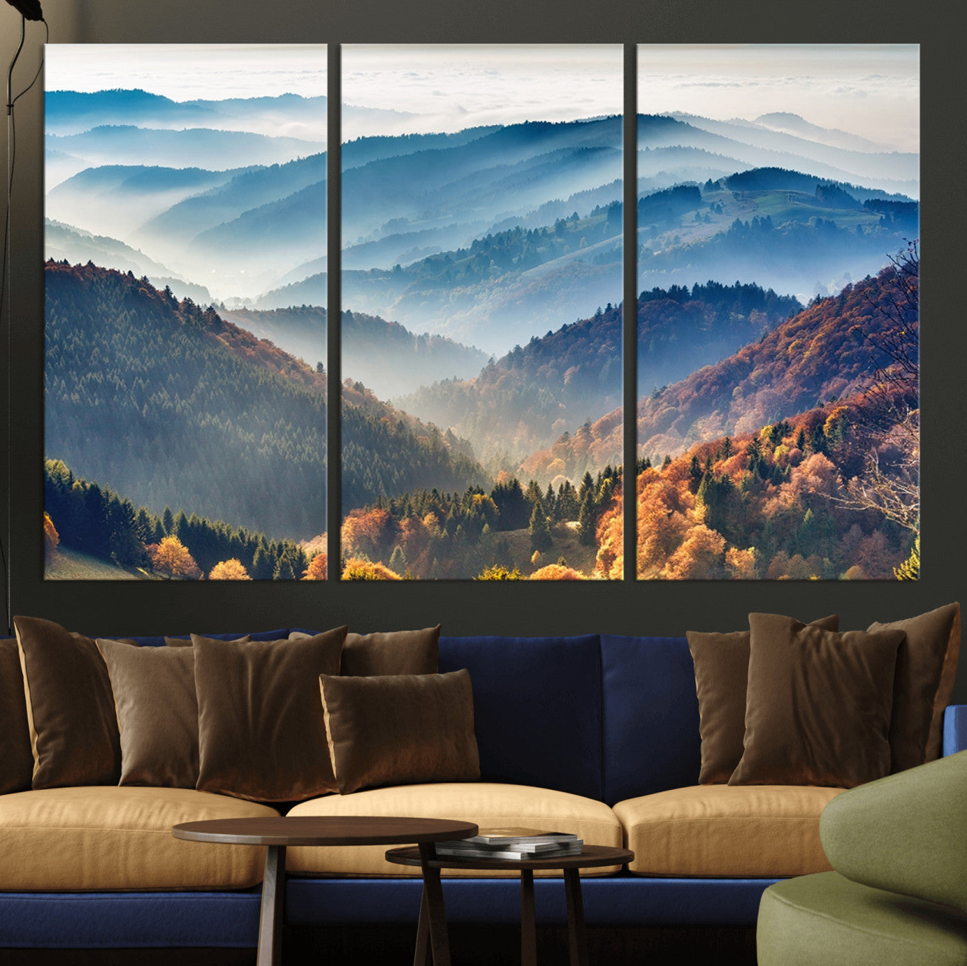 23293-MGV-CV-36X24-Misty Mountain Sunrise Triptych Canvas Print – Autumn Landscape Wall Art – Scenic Nature Decor – Ready to Hang