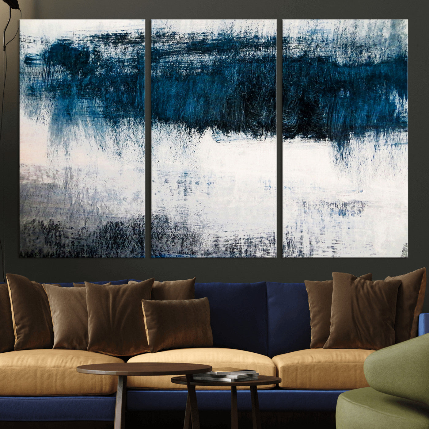38954-MGV-CV-36X24-Abstract Blue and White Canvas Art | Large Wall Art for Modern Living Room Decor | Minimalist Brushstroke Painting on Canvas