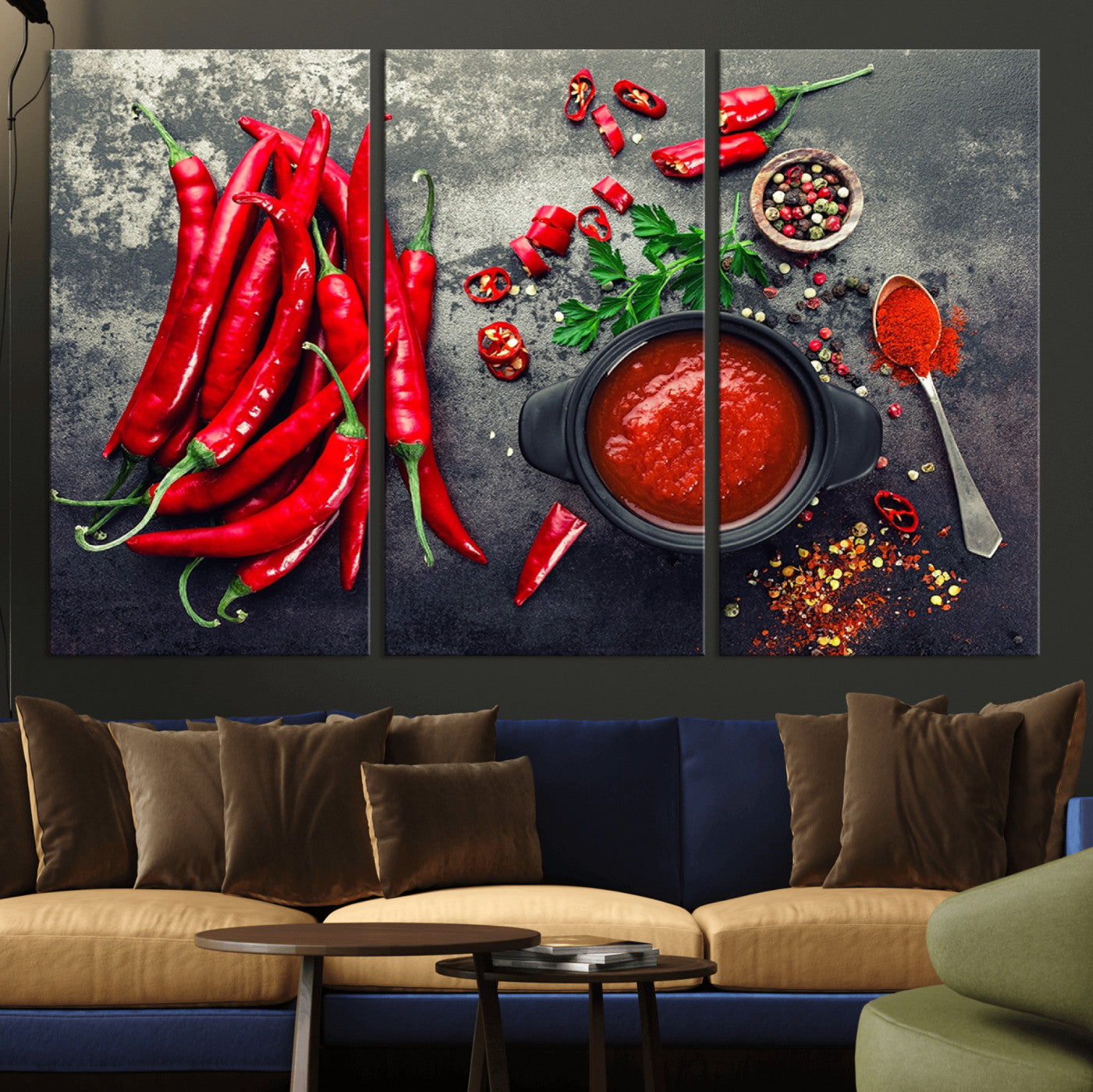 10860-MGV-CV-48X32-3P-Red Chili Peppers Wall Art Kitchen Artwork Canvas Print