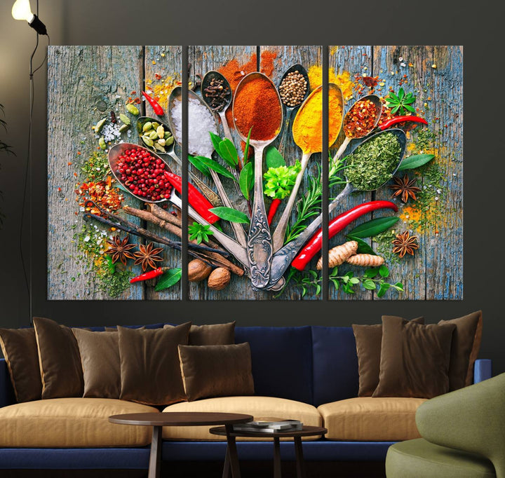 Vibrant Spoonful of Spices kitchen wall art canvas, a culinary triptych ideal for any dining room decor.