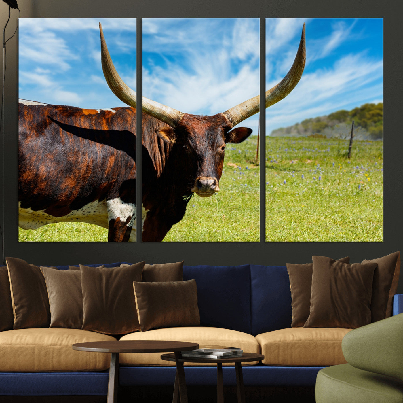 47037-MGV-CV-36X24-Longhorn and Cow Wall Art, Country Cow Wall Decor Canvas Print