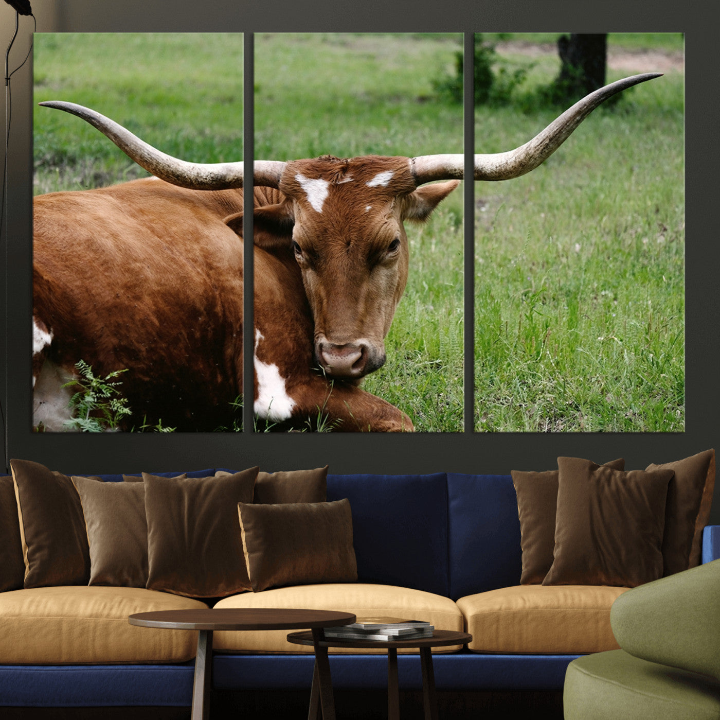 MGV-CV-48X32-3P - Longhorn Steer Canvas Wall Art – Rustic Nature Triptych Decor for Living Room or Office – Ready to