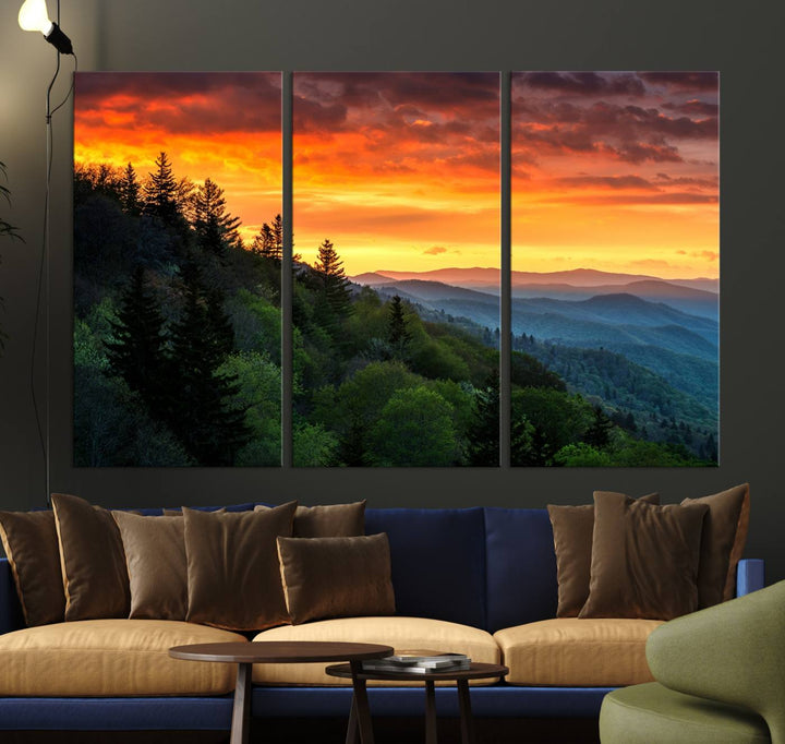 The Great Smoky Mountains Sunset Wall Art, a 3-panel print, beautifully captures natures beauty and is perfect for living room or office decor.