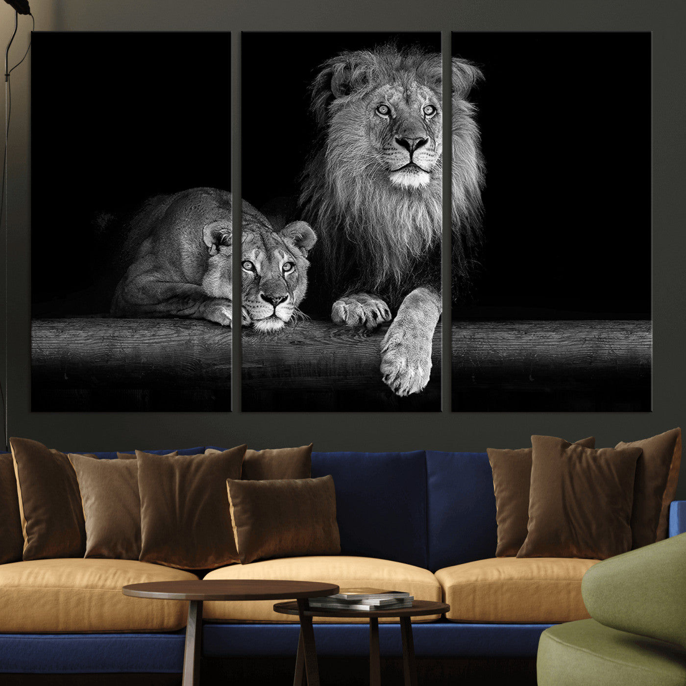 MGV-CV-48X32-3P - Large Black and White Lion Couple Wall Art Canvas Print