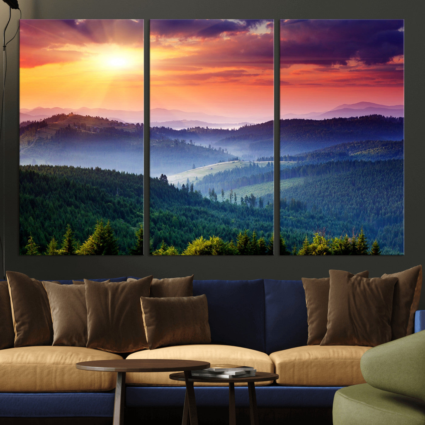 86411-MGV-CV-36X24-Sunset over Mountain Canvas Print, Forest Canvas Wall Art – Triptych Nature Landscape for Living