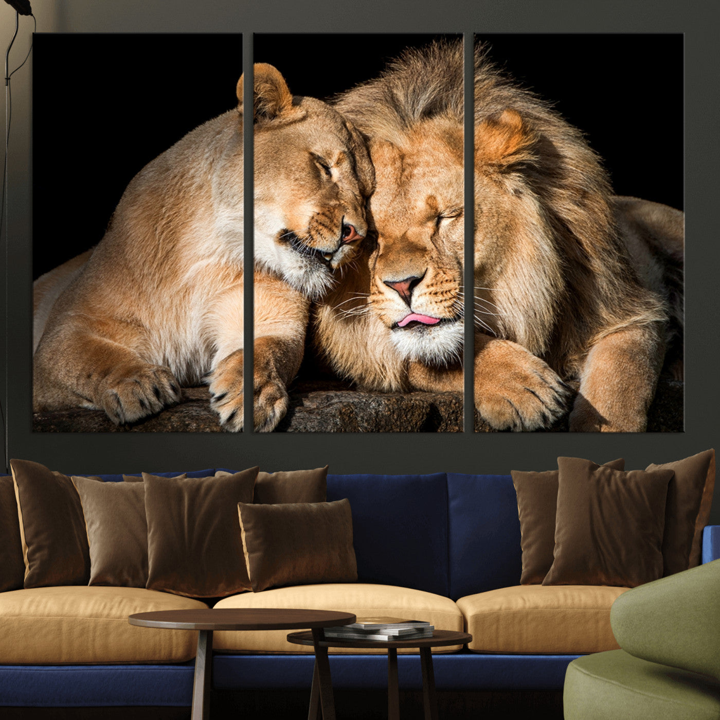 MGV-CV-48X32-3P - Lion and Lioness Wall Art Print Canvas | 3-Panel African Wildlife Canvas Print | Animal-Themed Art