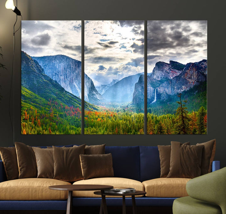 The Yosemite Park Half Dome 3 Panel Canvas Print beautifully captures the enchanting beauty of national parks with its vibrant mountain and forest scene. This large giclée landscape wall art is perfect for living rooms, offices, or bedrooms and comes ready to hang.