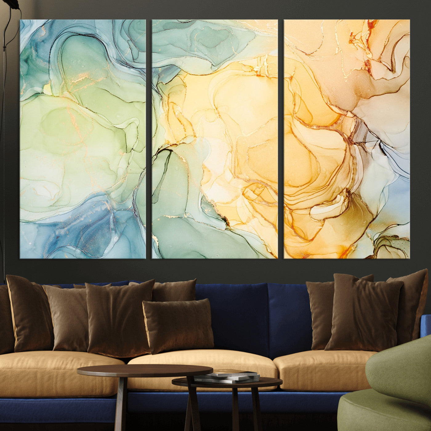 -Green and Yellow Marble Fluid Effect Wall Art, Green and Yellow Marble Canvas Wall Art Print