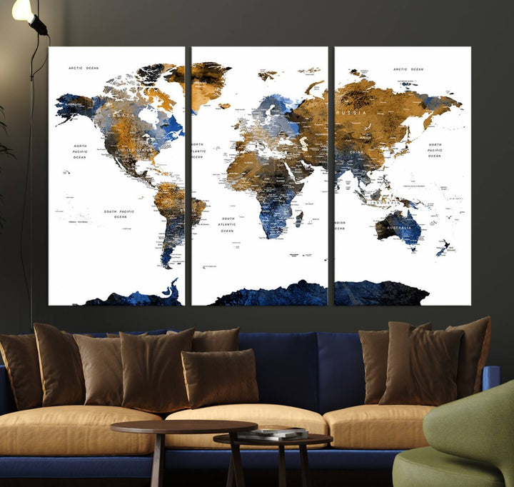 The Triptych Modern World Map Canvas in blue and brown is an ideal global decor piece for enhancing living rooms or offices. It comes ready to hang.