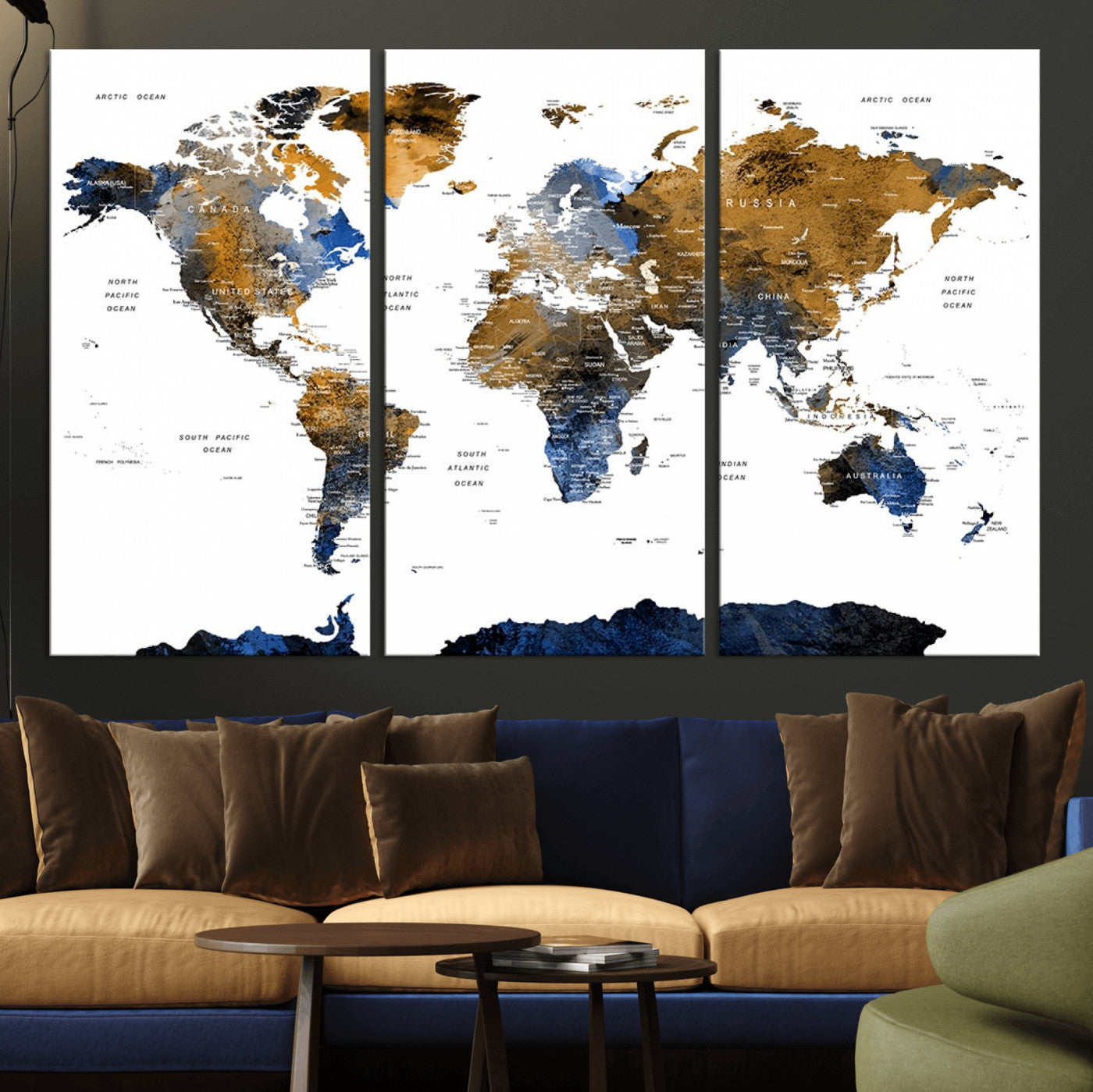 32677-MGV-CV-36X24-Modern Abstract World Map Canvas Wall Art – Framed Blue and Gold Map Print, Elegant Contemporary Travel Decor for Home and Office Walls