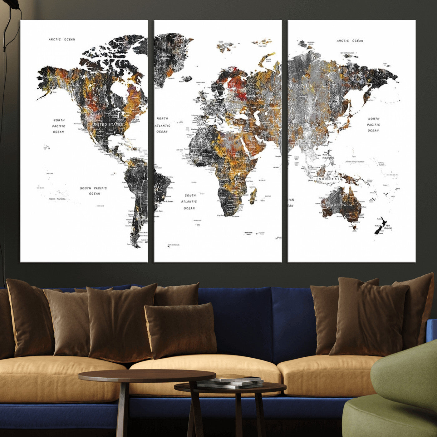 67481-MGV-CV-36X24-Modern Metallic World Map Canvas Wall Art – Framed Contemporary World Map Print, Stylish Travel Inspired Decor for Home and Office Walls