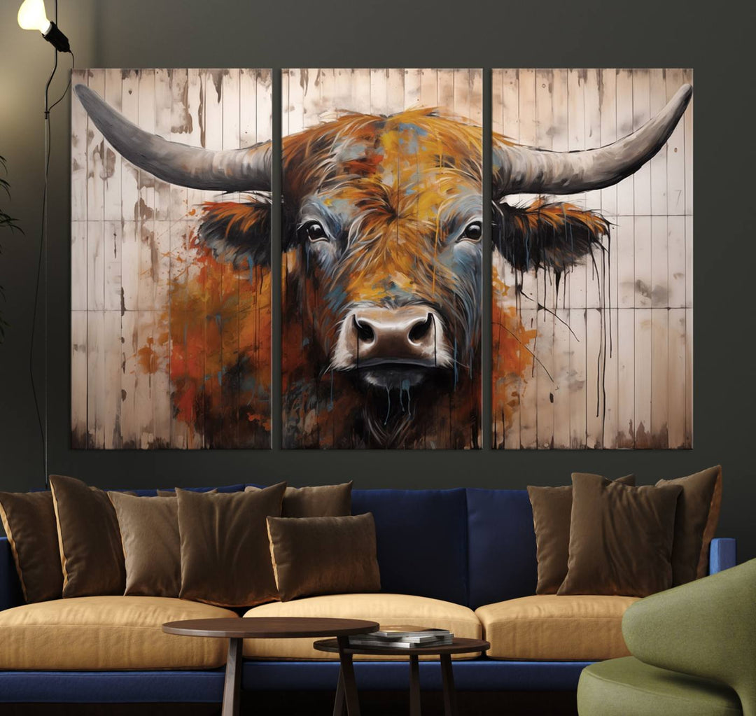Scottish Highland Cow Cattle Art Print on Wood Style Background