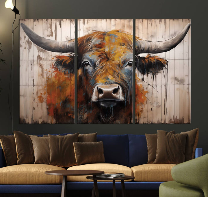 Scottish Highland Cow Cattle Art Print on Wood Style Background