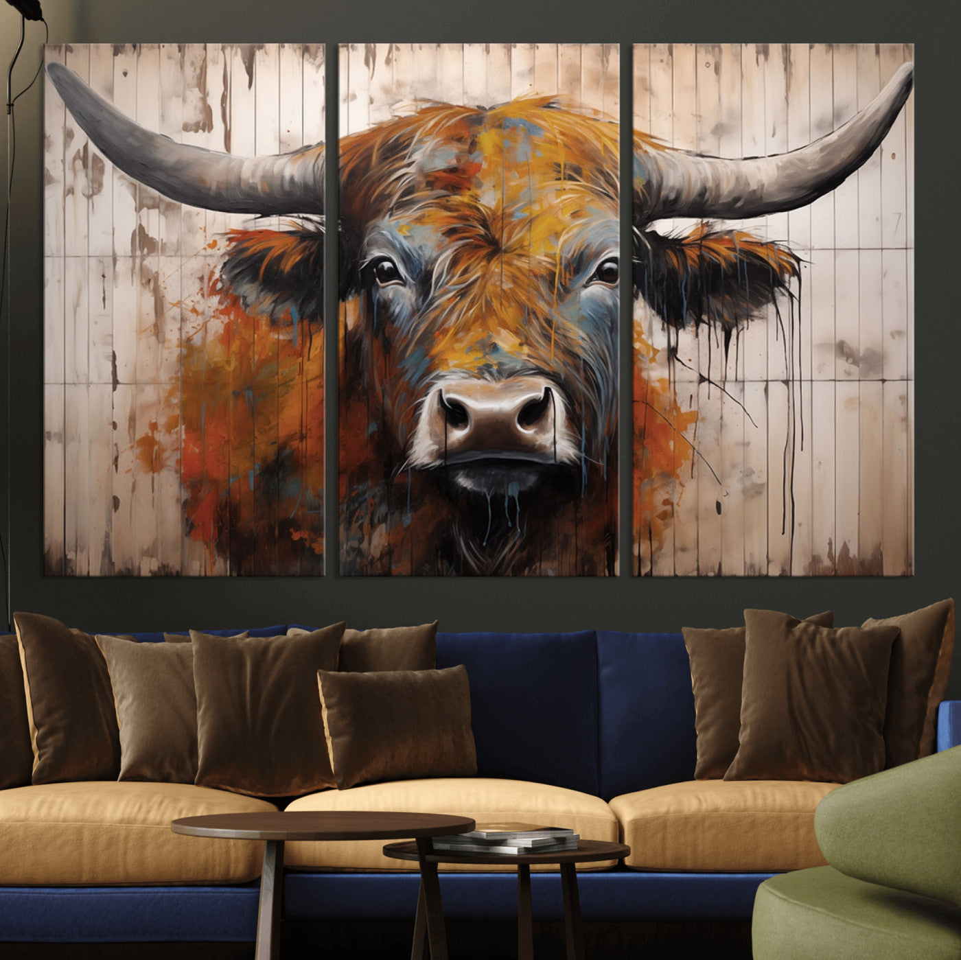 MGV-CV-48X32-3P - Abstract Bull Highland Cow Canvas Wall Art Print – Vibrant Rustic Charm in Modern Farmhouse Decor –