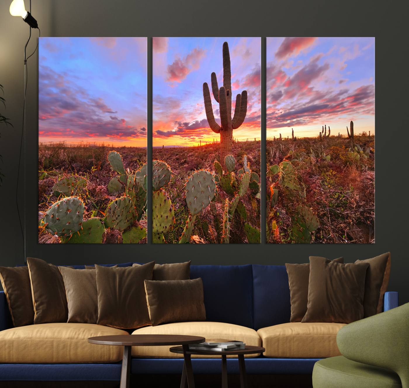 The Arizona Desert Sunset Wall Art Canvas Print hangs prominently.