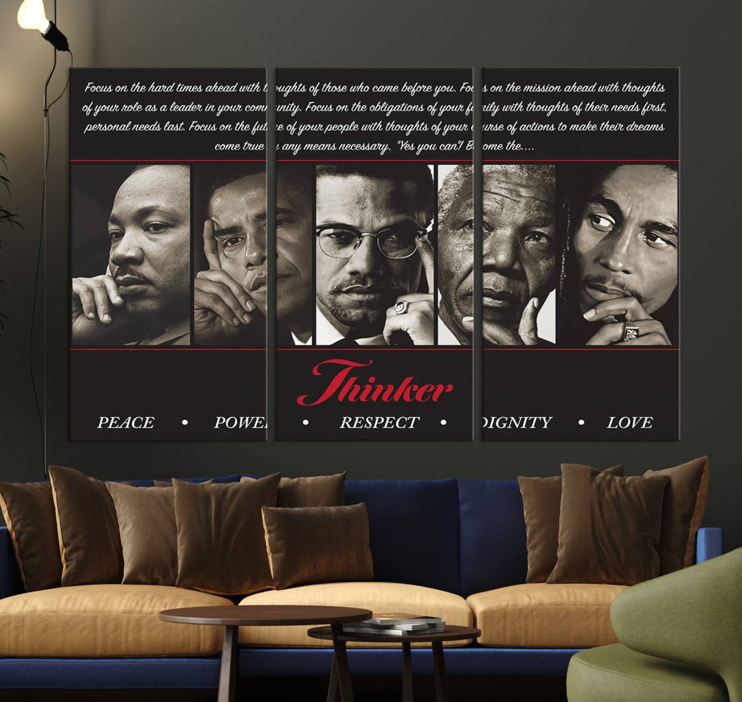 Thinker Wall art, Martin, Obama, Malcolm X, Mandela, Marley, Thinker Quintet Peace Power Respect Dignity Love Canvas Print, African Art Gift