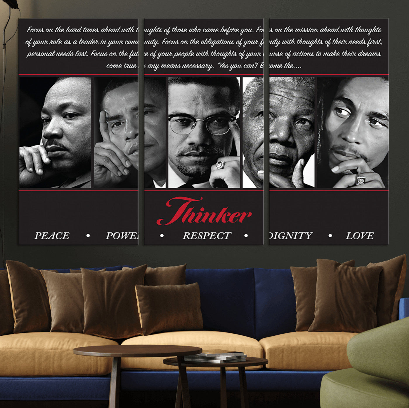 45112-MGV-CV-36X24-Thinker Quintet Canvas Wall Art – Martin, Obama, Malcolm X, Mandela, Marley Featuring Peace, Power,