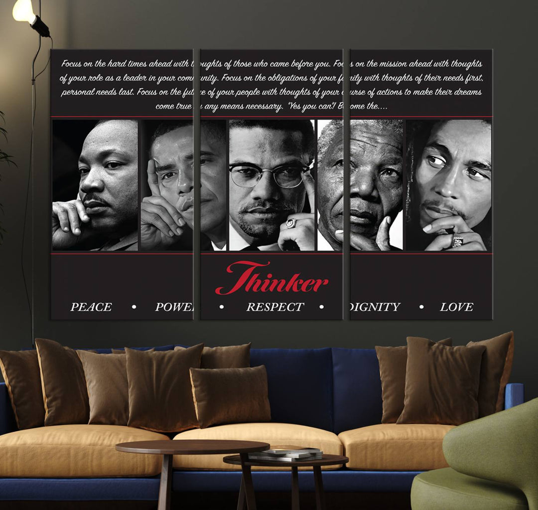 Thinker Wall art, Martin, Obama, Malcolm X, Mandela, Marley, Thinker Quintet Peace Power Respect Dignity Love Canvas Print, African Art Gift