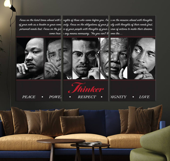 The wall art is a black and white piece featuring iconic figures accompanied by the words Thinker Peace Power Respect Dignity.