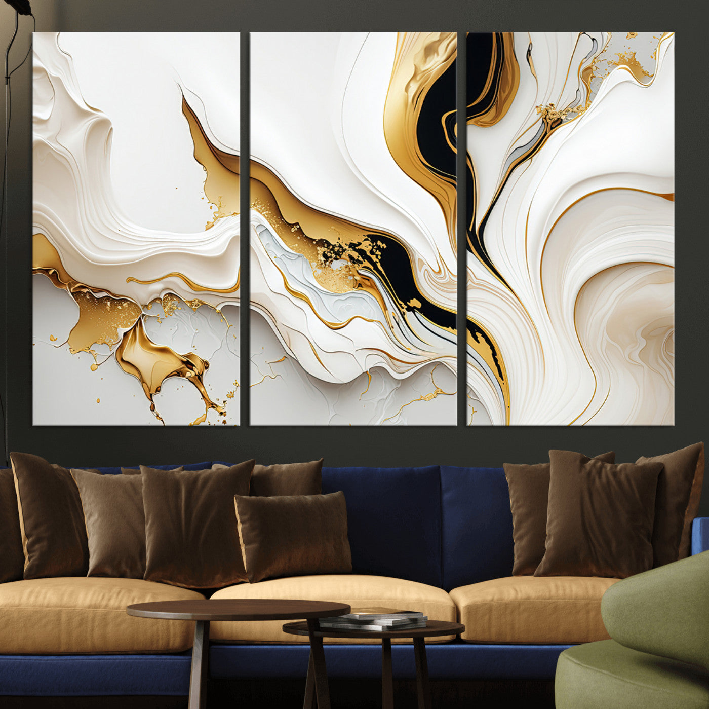 -Gold Waves on Pure White Canvas – Gold Abstract Art for Modern Interiors | Wall Art Canvas, Framed &