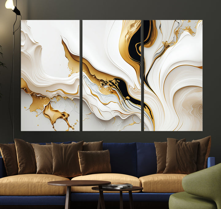 Modern interiors showcase Gold Waves on Pure White Canvas.