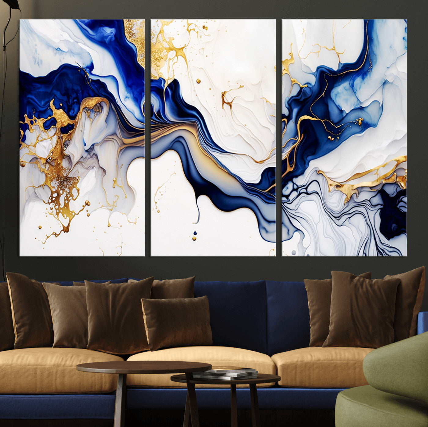 MGV-CV-48X32-3P - Golden Cascades on Midnight Blue – Deep Blue Abstract Wall Art Flowing Elegance | Wall Art Canvas,
