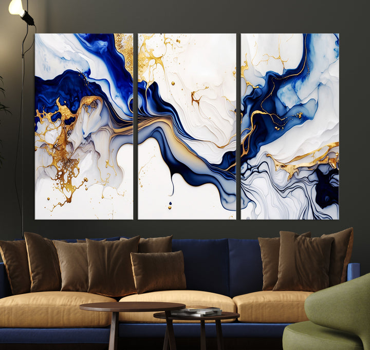 Golden Cascades on Midnight Blue – Abstract Flowing Elegance | Wall Art Canvas, Framed & Ready to Hang