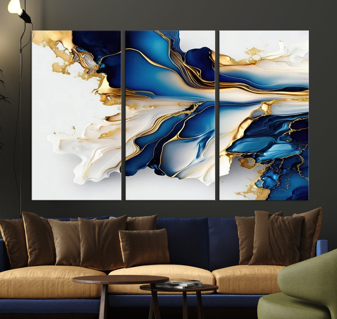 Abstract Geode Gold And Blue Marble Shape 3 Pieces Wall Art Canvas Print