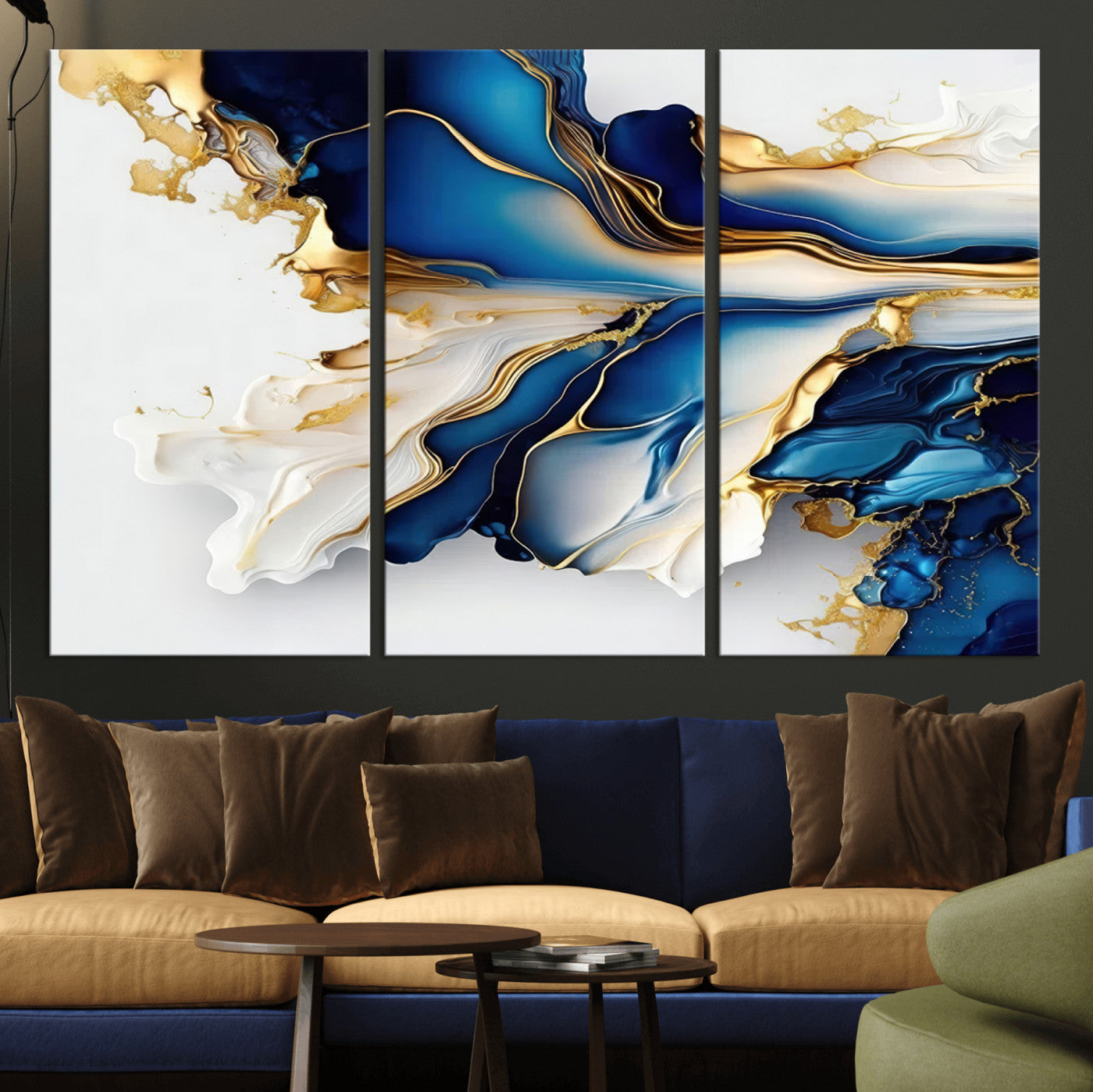 MGV-CV-48X32-3P - Gold Marble Art - Abstract Geode Gold And Blue Marble Shape 3 Pieces Wall Art Canvas Print