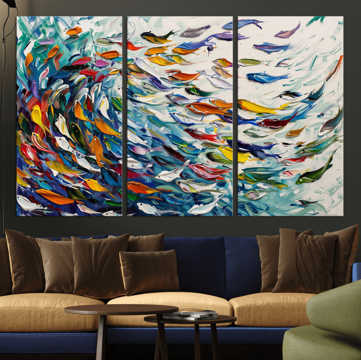 MGV-CV-48X32-3P - Modern Abstract Fish Shoal Wall Art Canvas Print, Colorful Fish Herd Painting on Canvas Print, Ocean