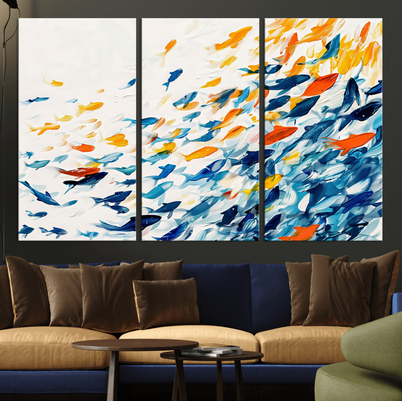 MGV-CV-48X32-3P - Abstract Fish Shoal Wall Art Canvas Print, Colorful Fish Herd Painting on Canvas Print, Ocean Animal